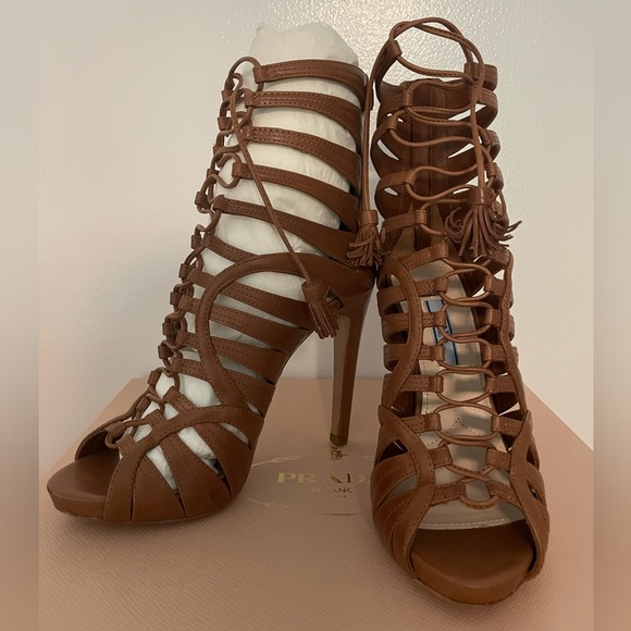 NIB Prada LaceUp Leather Sandal Brown Leather Size 36.6 Heel Height 115mm